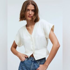 Madewell Pleated Short-Sleeve Top in Antique Cream Size Large